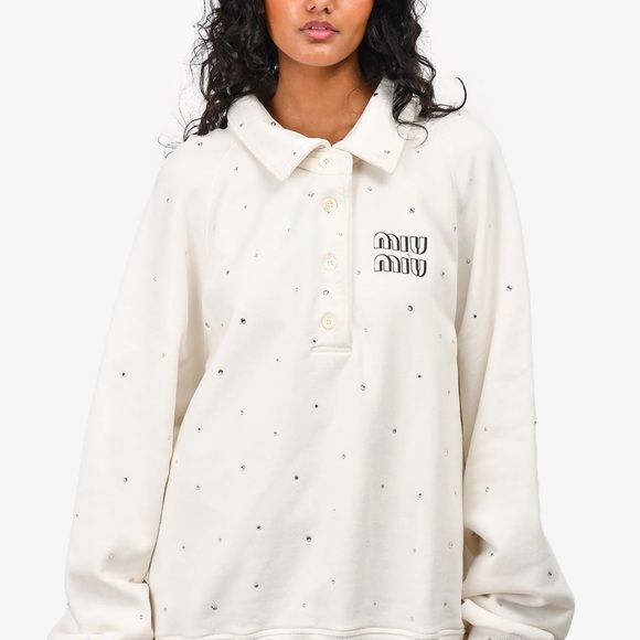 Miu Miu Sweaters - Miu Miu Ivory Embellished Polo Sweatshirt